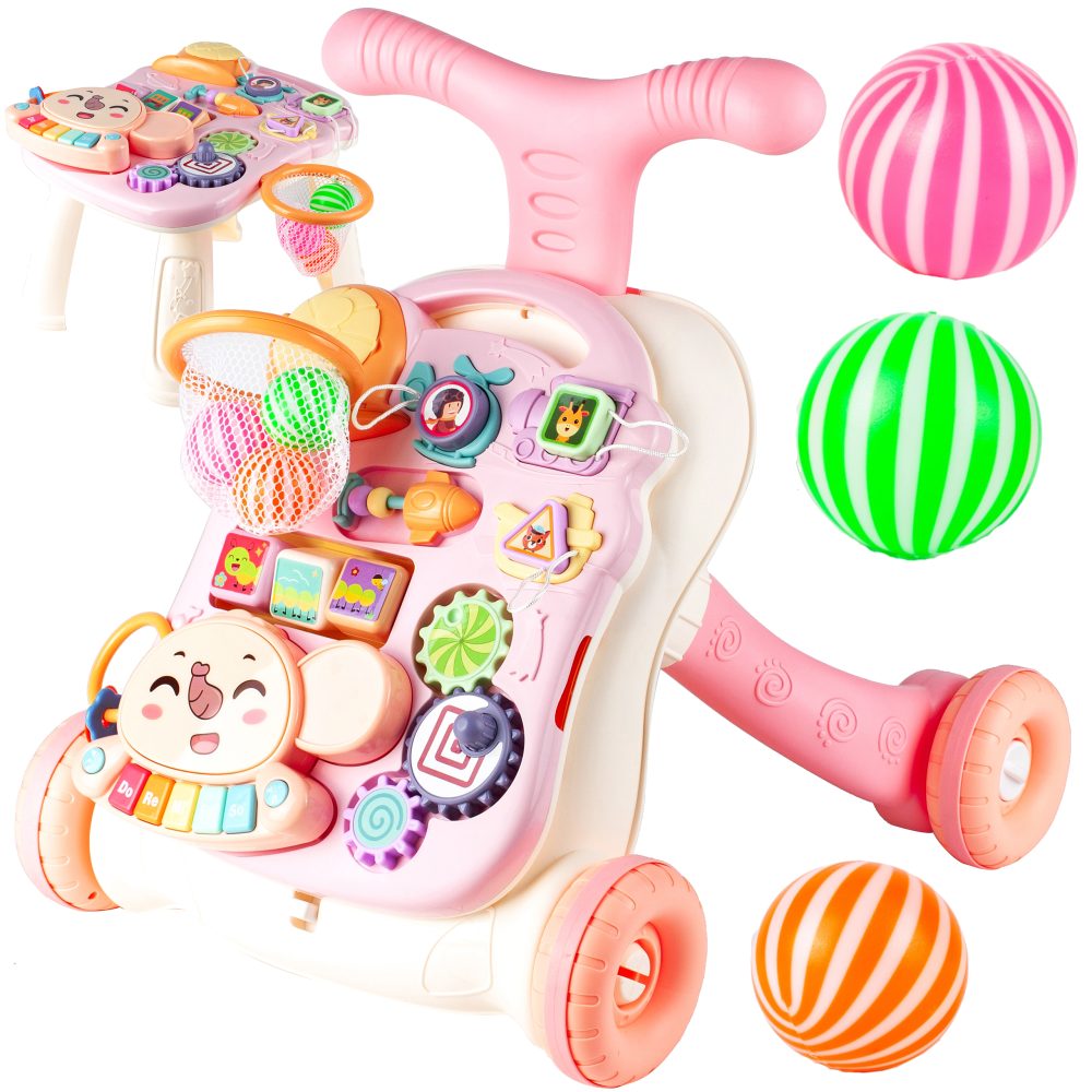 Antemergator interactiv 5 in 1, masuta de activitati, pian, inaltimea reglabila a manerului, roz/multicolor, MalPlay - imagine 3