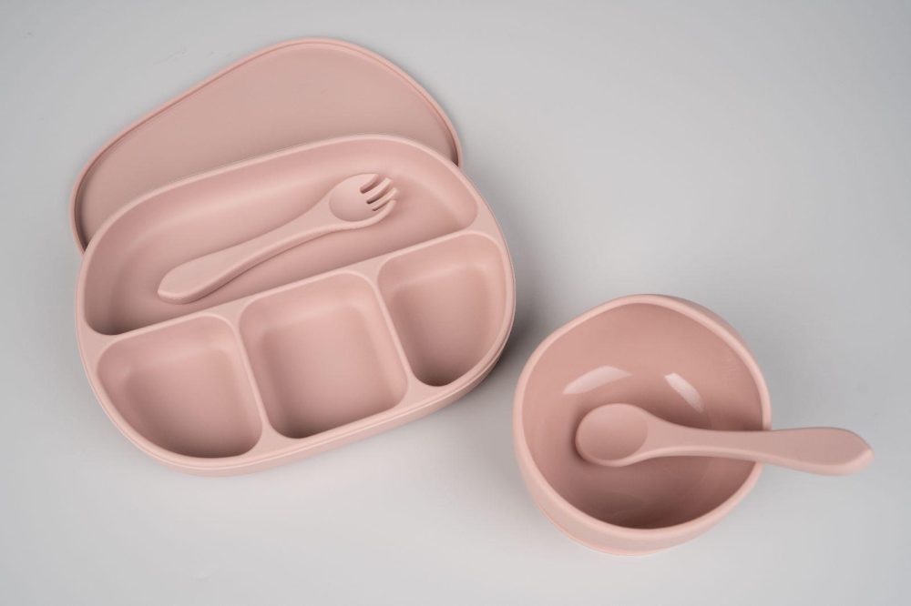 SET: Farfurie compartimentată cu capac anti-alunecare cu capac + bol oval + tacâmuri din silicon alimentar, fara BPA - imagine 3