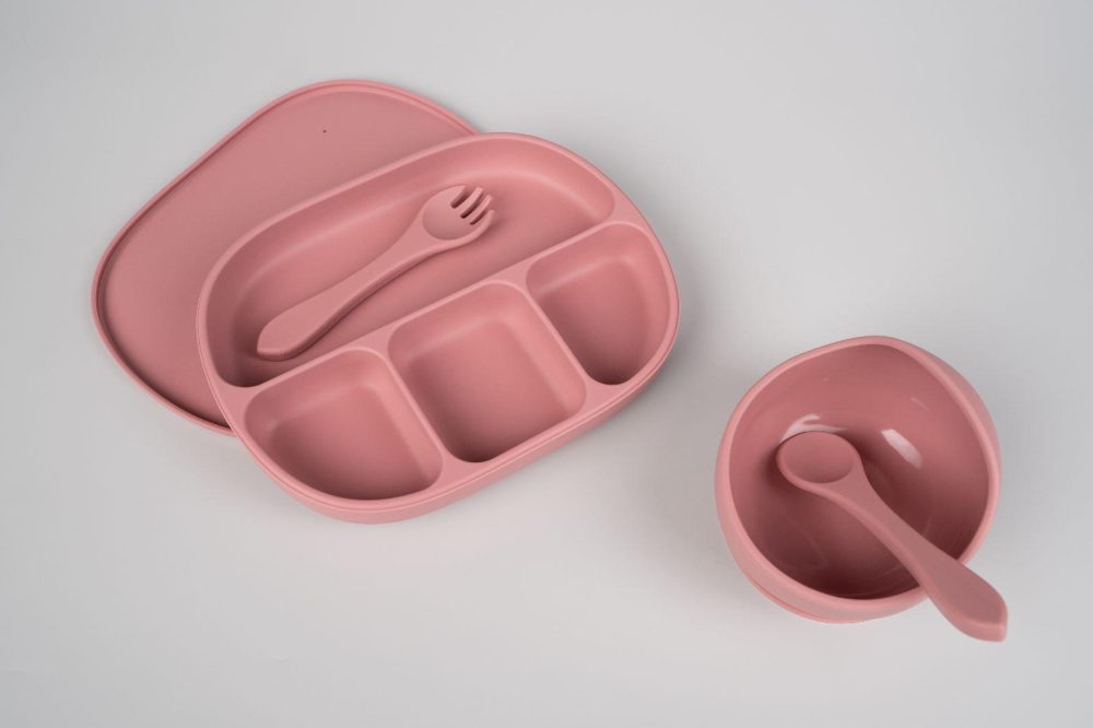 SET: Farfurie compartimentată cu capac anti-alunecare cu capac + bol oval + tacâmuri din silicon alimentar, fara BPA - imagine 5