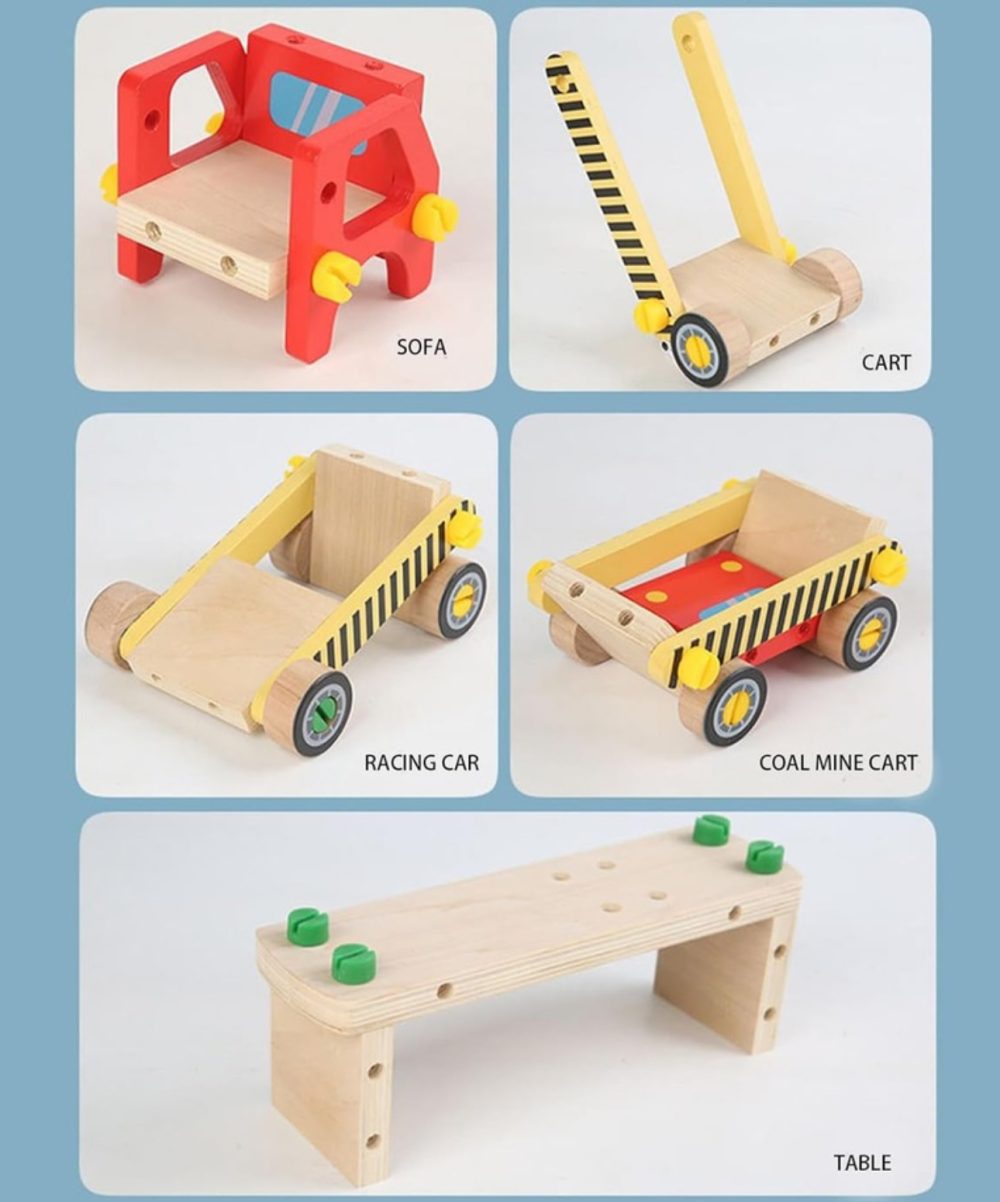Jucarie Montessori din lemn pentru asamblare: camion, masina, carut - imagine 3