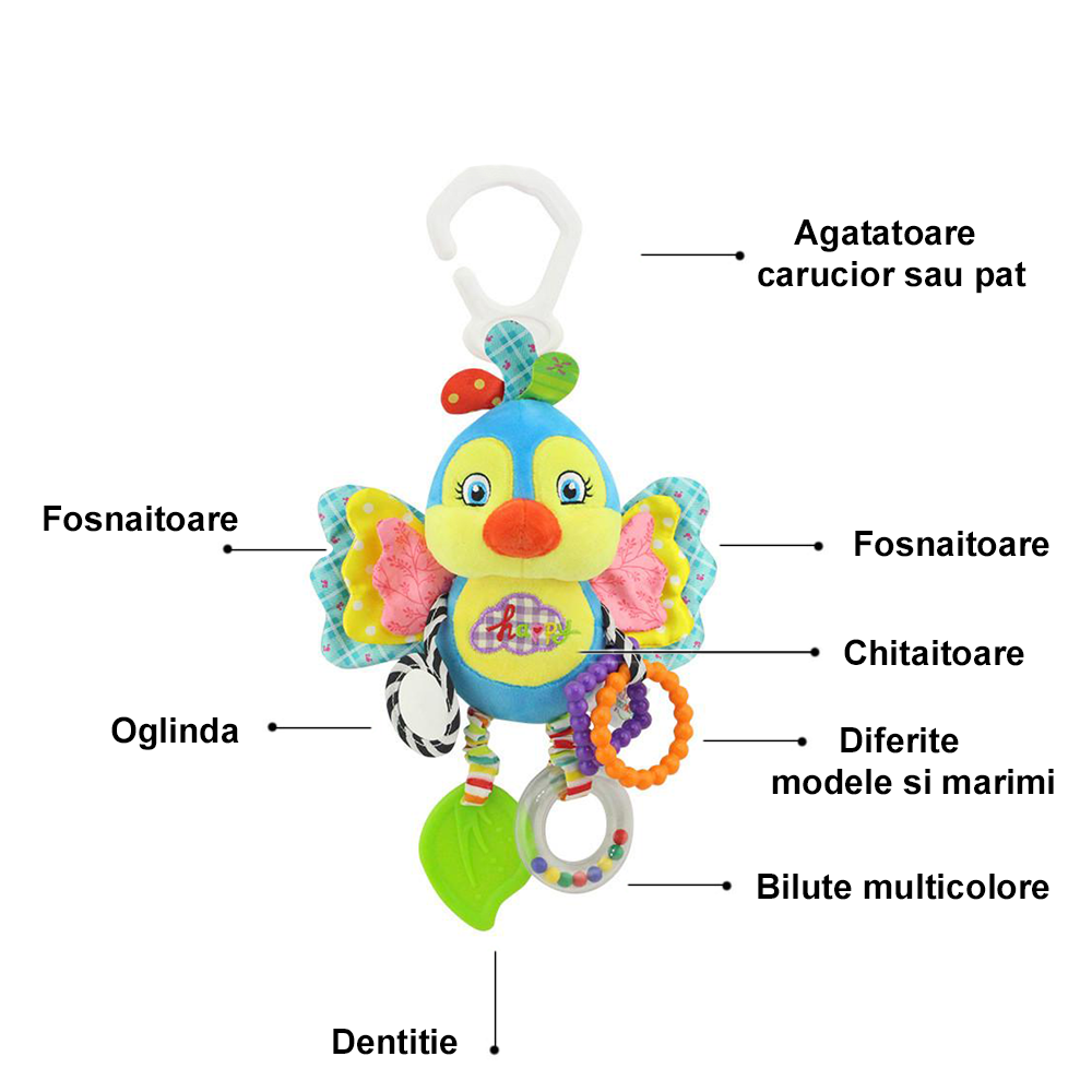 Jucărie senzorială si auditiva din material textil in forma de pasare - imagine 2