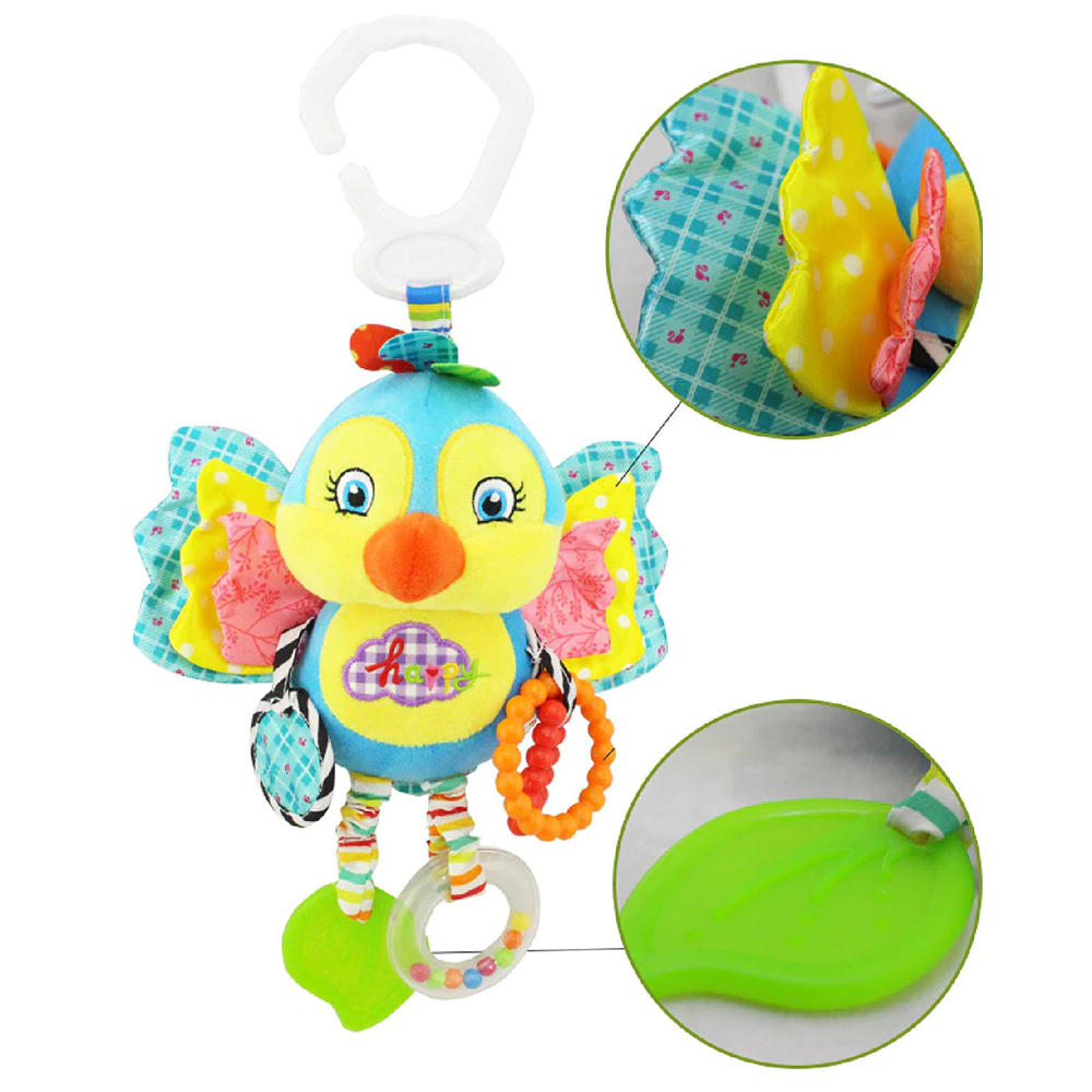 Jucărie senzorială si auditiva din material textil in forma de pasare